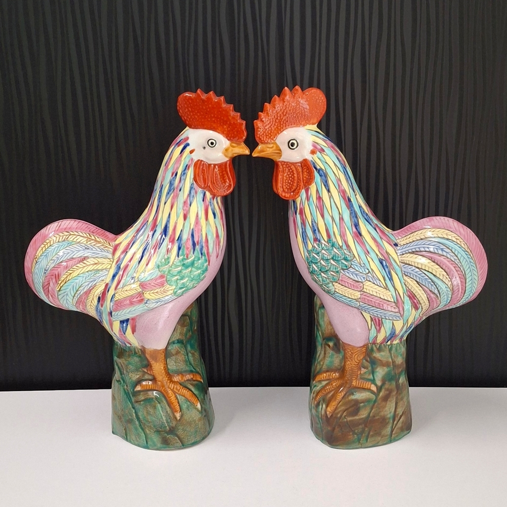 Vintage Chinese Ceramic Pair Of Roosters Figurine Hand Painted 10"